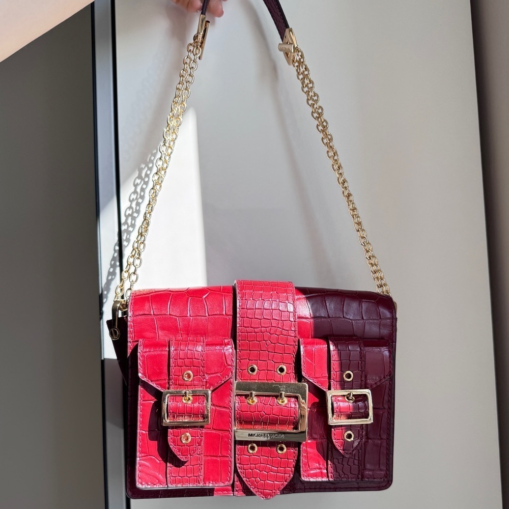 Michael Kors Embossed Gold Chain Leather Bag in Burgundy